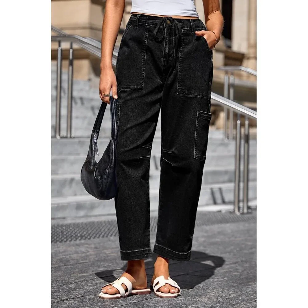 Women Jeans Cargo High Waist Wide Leg Cotton Pants Casual Daywear